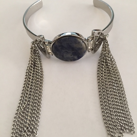 SILVER TONE CUFF BRACELET WITH CHAIN TASSELS - Picture 2 of 6